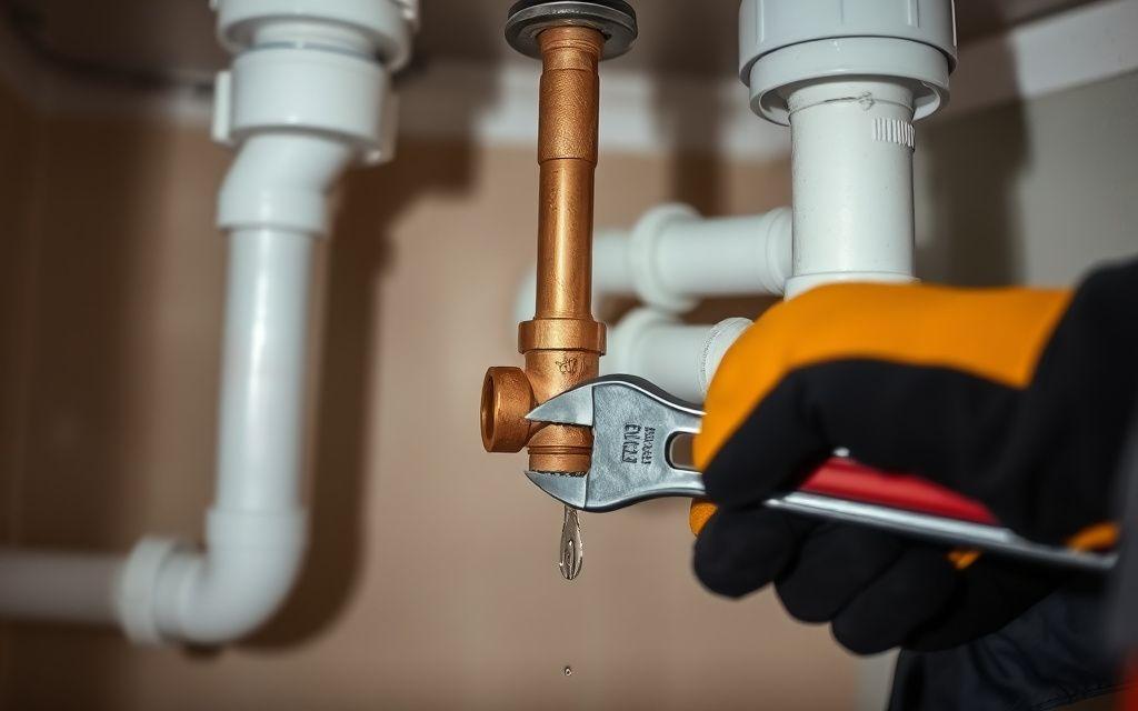 Plumber tightening a copper pipe joint under a sink