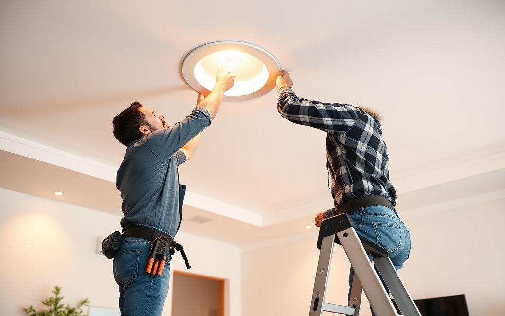 Electrician installing a recessed LED downlight