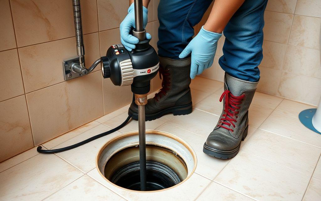 Motorized drain auger clearing a tiled bathroom floor trap