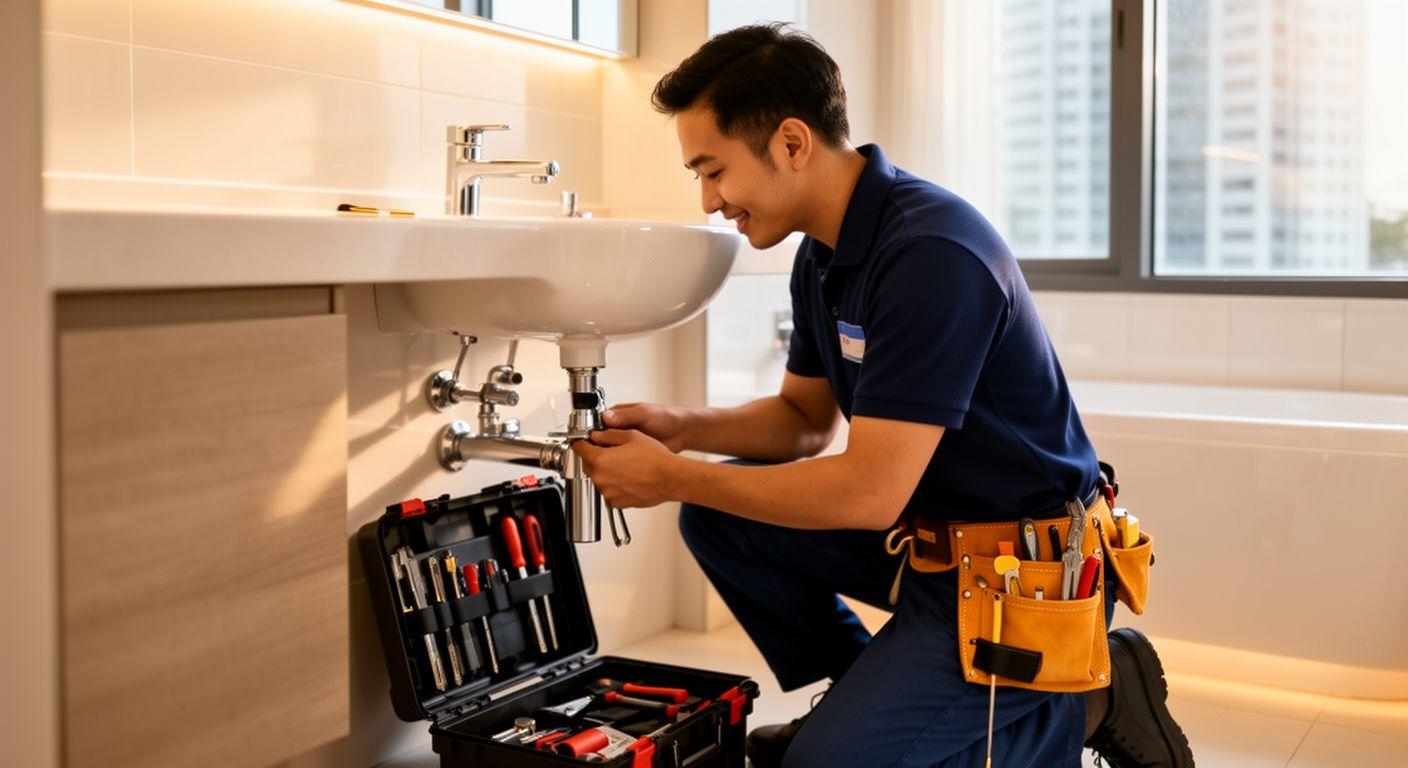 Hostsmith technician repairing a tap in a Kuala Lumpur home