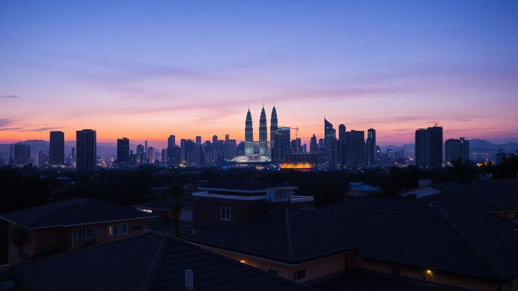 Kuala Lumpur city skyline seen from a residential suburb at dusk