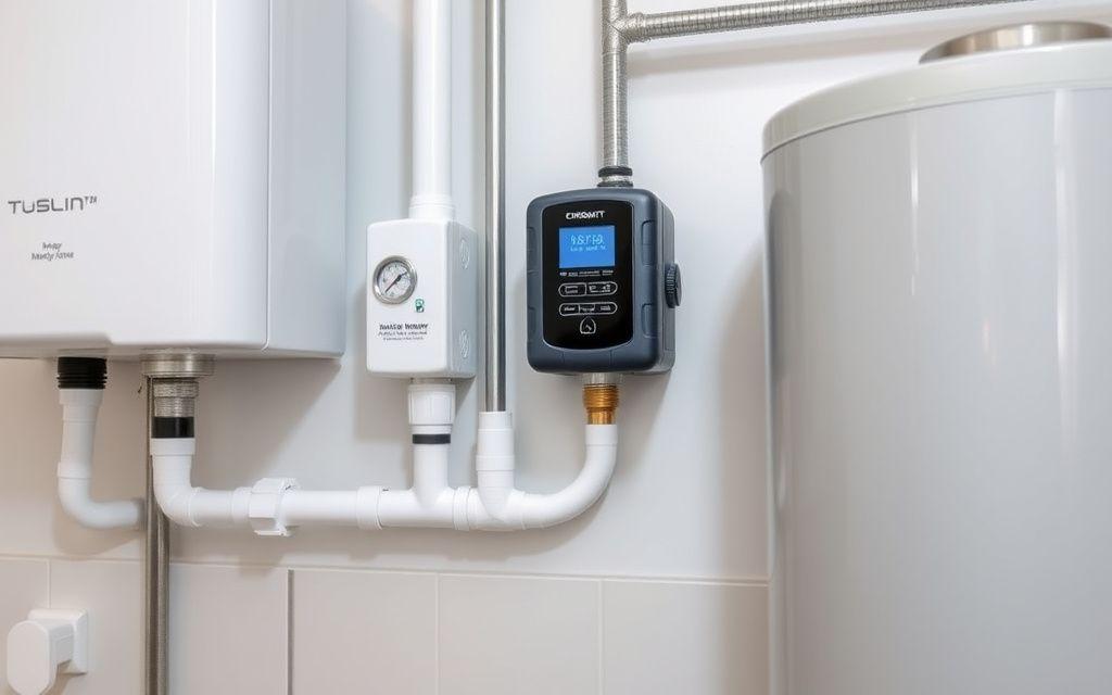 Newly installed water pressure booster pump on wall pipework
