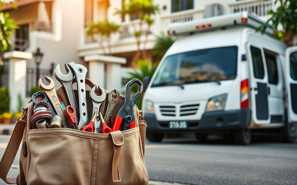 Hostsmith tool bag beside a service van outside a terrace house
